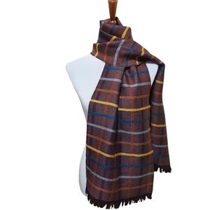 Chelsey by Joseph 100% Wool Burgundy Yellow Blue Plaid Fringed Scarf